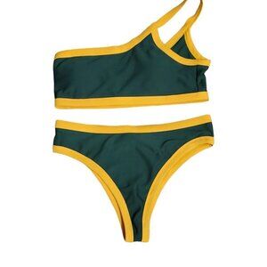 🚨One Shoulder Ribbed Bikini Green and Yellow Swimsuit